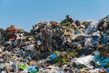 A large landfill shows an extensive amount of garbage and waste materials under clear blue skies, highlighting pollution concerns.