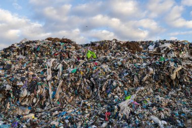 Çevredeki plastik atık ve molozların yol açtığı büyük bir atık sahasında çöp birikiyor, kirlilik ve ekolojik sorunlar sergileniyor..