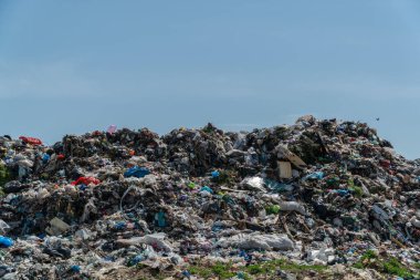 Parlak bir gökyüzü altında geniş bir çöp yığını, plastik ve kirliliğe karşı sürdürülen savaşı yansıtan çeşitli enkaz yığınları serpiştiriyor..