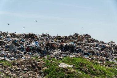 Çöp dağları ufuk çizgisine çarpıcı bir şekilde yükseliyor ve bu çöplük alanındaki ciddi kirlilik ve atık yönetimi sorununu vurguluyor.