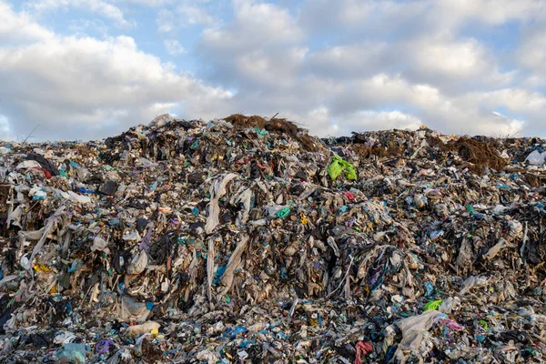 Bulutlu bir gökyüzünün altında büyük bir çöp yığını ve gezegenimiz üzerindeki ekolojik etkinin şiddetli sorununu vurguluyor..