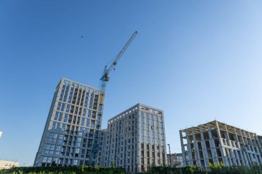 Vinçler, büyüyen kentsel alandaki yeni inşa edilmiş binalar üzerinde kule inşa ederek günışığında modern mimarinin ilerlemesini gözler önüne seriyor..