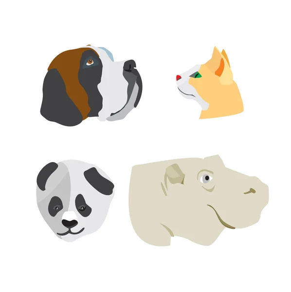 Conjunto de animales. La cabeza de un gato y un perro, Hipona y Panda. Animales de ilustración plana — Vector de stock