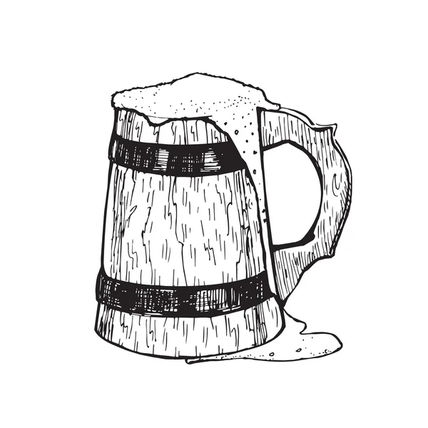 Illustration vectorielle de tasse de bière. Illustration d'une tasse de bière mousseuse en bois avec des anneaux métalliques. Bière mousseuse dans une tasse dans le style de la gravure sur bois — Image vectorielle