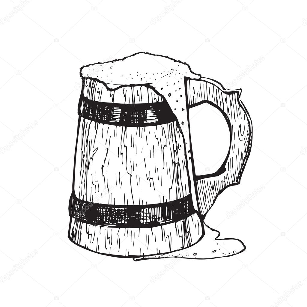 ビール マグカップ ベクトル イラスト 金属リング付き木製泡立ったビール ジョッキのイラスト 木版画のスタイルでマグカップに泡立ったビール ストックベクター C Molodecdesign Gmail Com