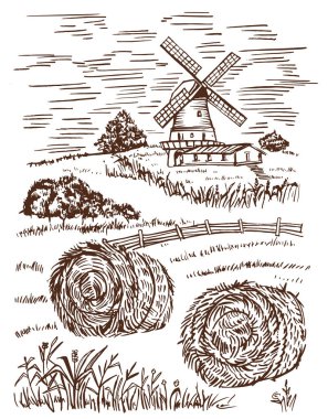Village on a sunny day view of the mill, barn and wheat field sketch. Rural landscape with fields and mountains. Haystacks in a field in the village