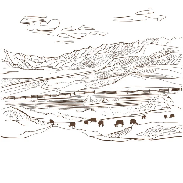 Деревня Вектор Ландшафтной Фермы Коровы Жуют Траву Заднем Плане Фермы — стоковый вектор
