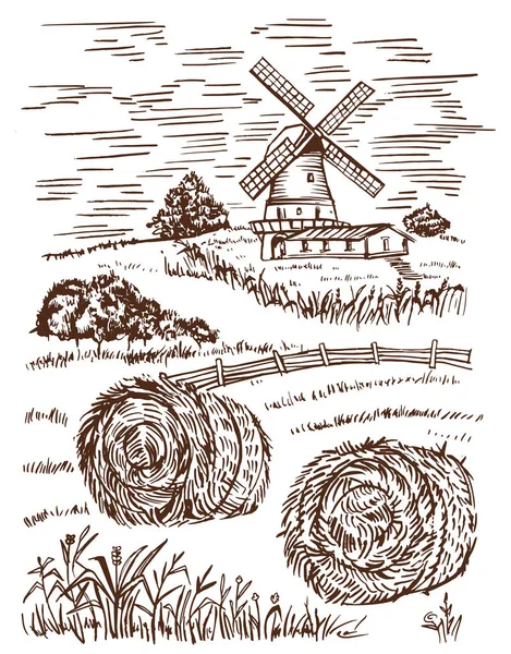 Village on a sunny day view of the mill, barn and wheat field sketch. Rural landscape with fields and mountains. Haystacks in a field in the village