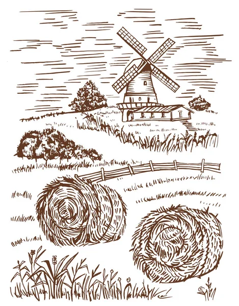 Village Sunny Day View Mill Barn Wheat Field Sketch Rural Telifsiz Stok Illüstrasyonlar