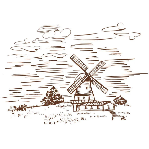 Windmühle Retro Illustration Mühle Auf Dem Bauernhof Zeichnung Stile Der — Stockvektor