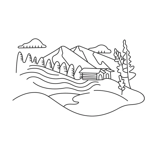 Linocutのスタイルで山の中の家 農家のイラスト 自然の中で居心地の良い家 — ストックベクタ