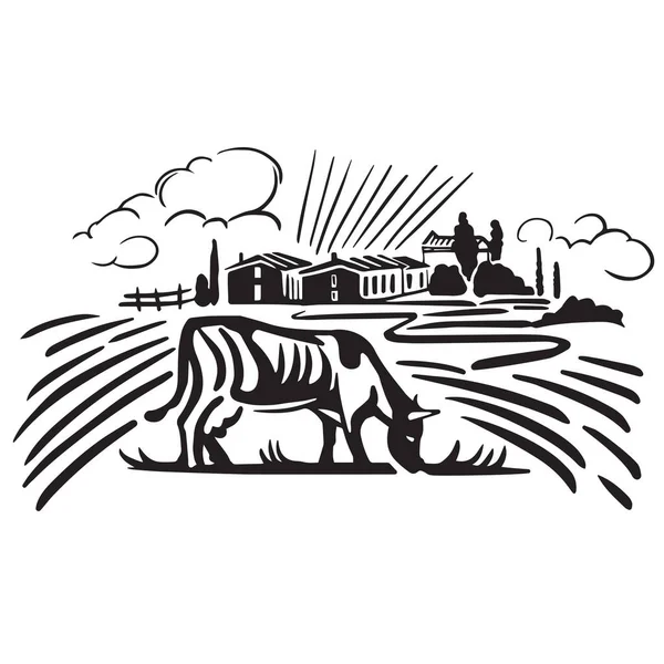 Una Granja Con Una Vaca Masticando Hierba Pasto Paisaje Rural — Vector de stock