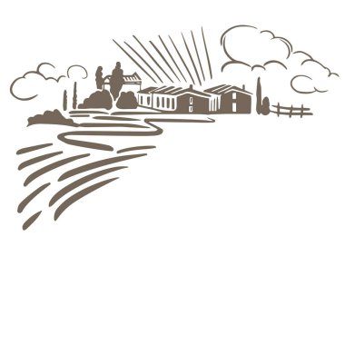  Kırsal görünüm arka plan şablonu. Beyaz arka planda kırsal İtalyan manzarası. Şafakta evleri olan kırsal alan