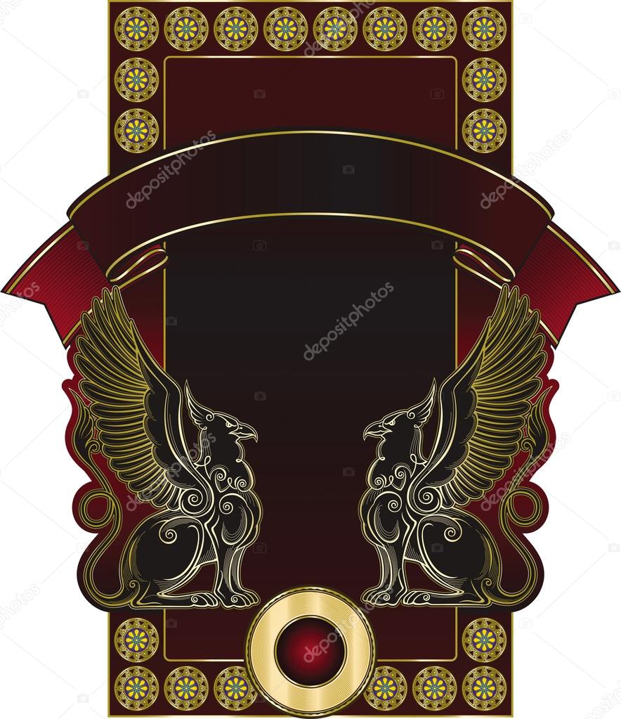 Vector template of unique richly decorated cognac or wine label with two griffins and banner on it.