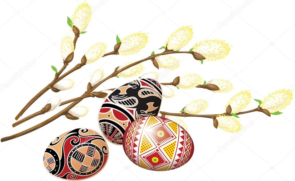 Bunch of pussy-willow and beautiful easter eggs.