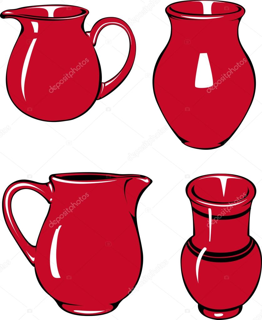 Four red pitchers of different shapes.