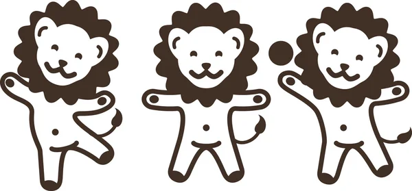Drie grappige cartoon jonge leeuwen, plezier en gek rond. — Stockvector