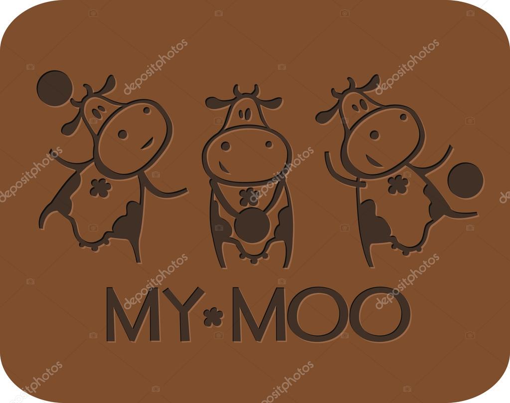 Vector illustration of logo on the milk-chocolate theme. Funny cow cartoon character playing with a ball.