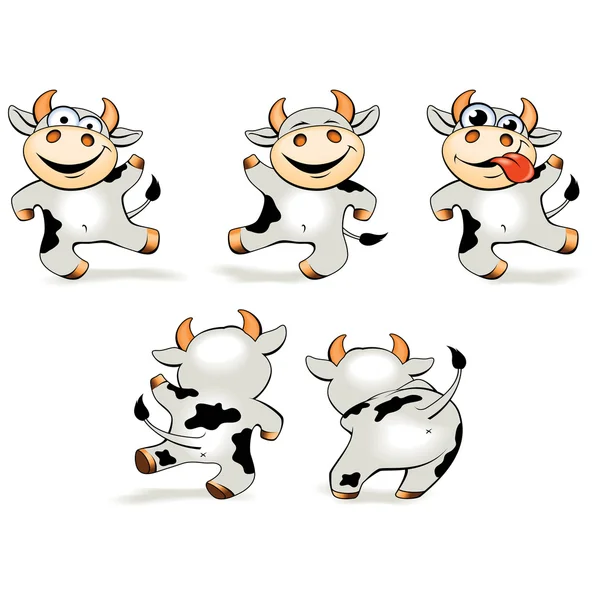 Funny cartoon crazy cow dancing in various poses. — Stock Vector