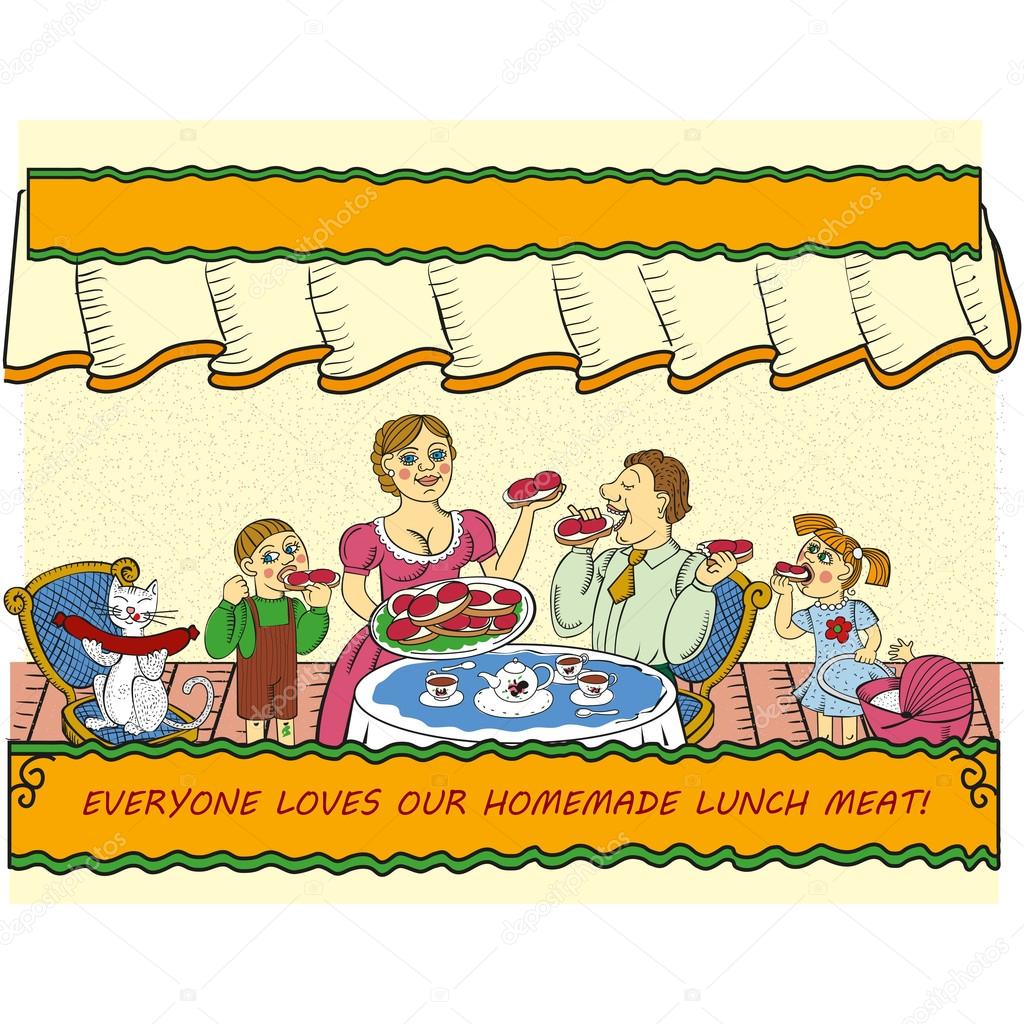 Family have lunch with delicious sandwiches with sausages.