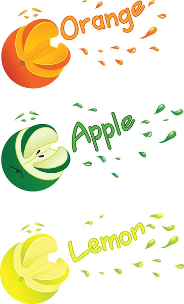 Immagini simboliche di arancia, limone e mela con spruzzi di succo . — Vettoriale Stock