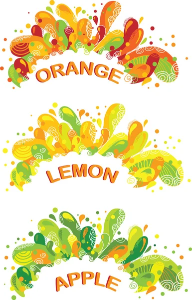 Naranja, limón y zumo de manzana salpicaduras de colores . — Vector de stock