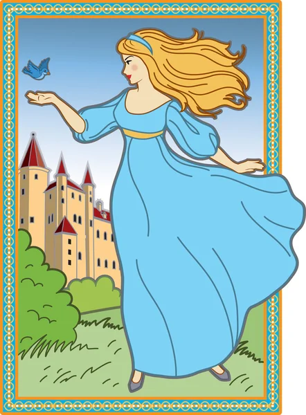 Mujer joven en un vestido azul en el fondo de un elenco medieval — Vector de stock