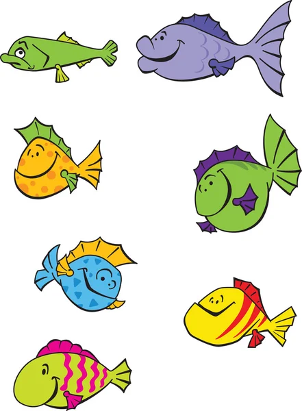 7 peixes engraçados dos desenhos animados . — Vetor de Stock