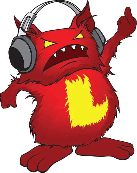 Malvado pequeno monstro cartoon vermelho com fones de ouvido . — Vetor de Stock