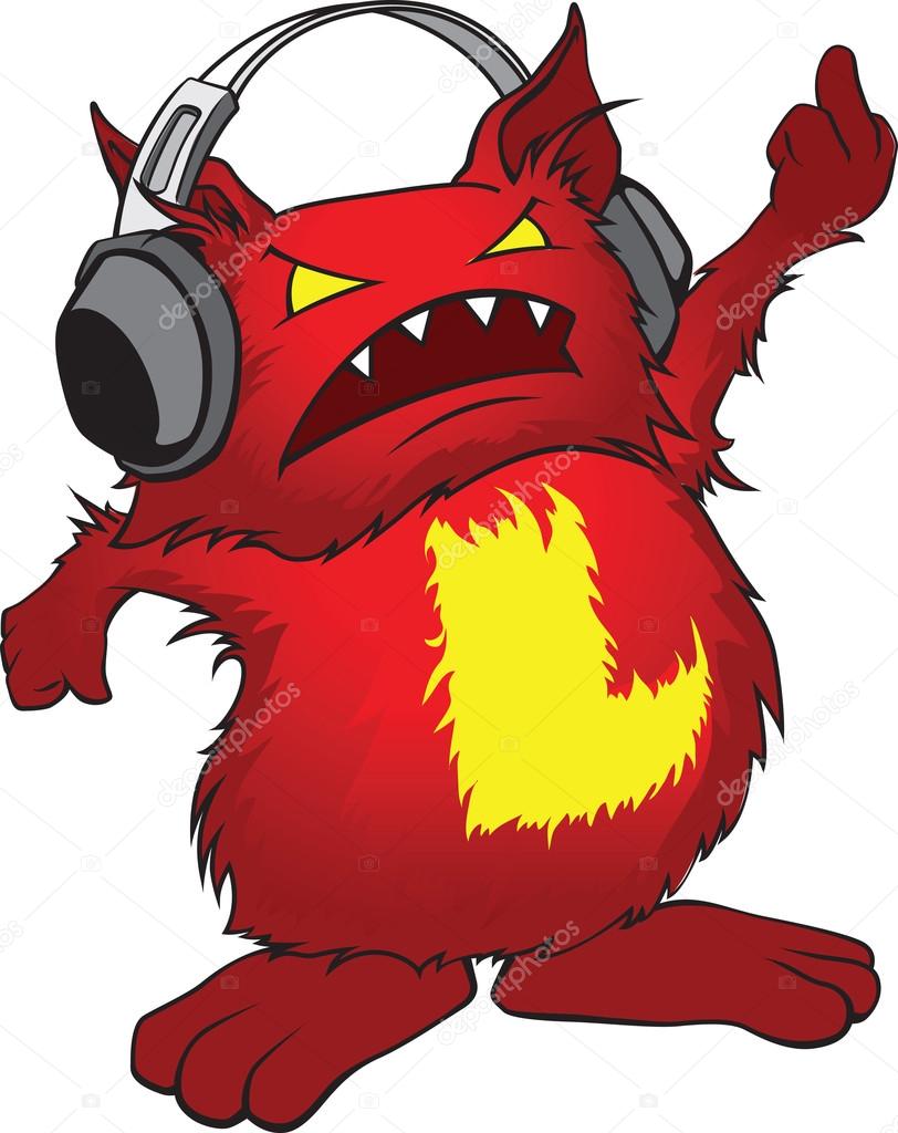 Evil little red cartoon monster with headphones.