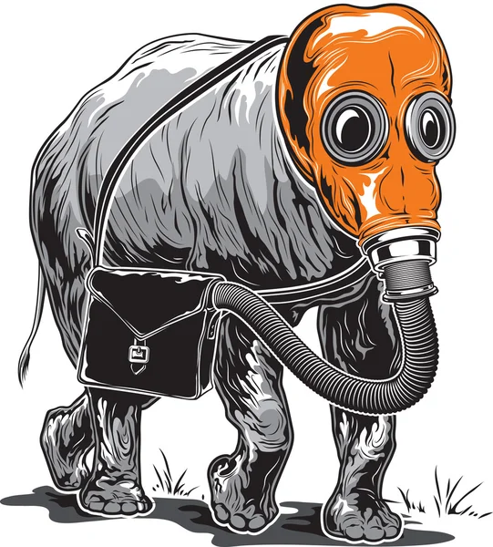 Strange elephant in an orange gas mask with a briefcase on its s — Stock Vector