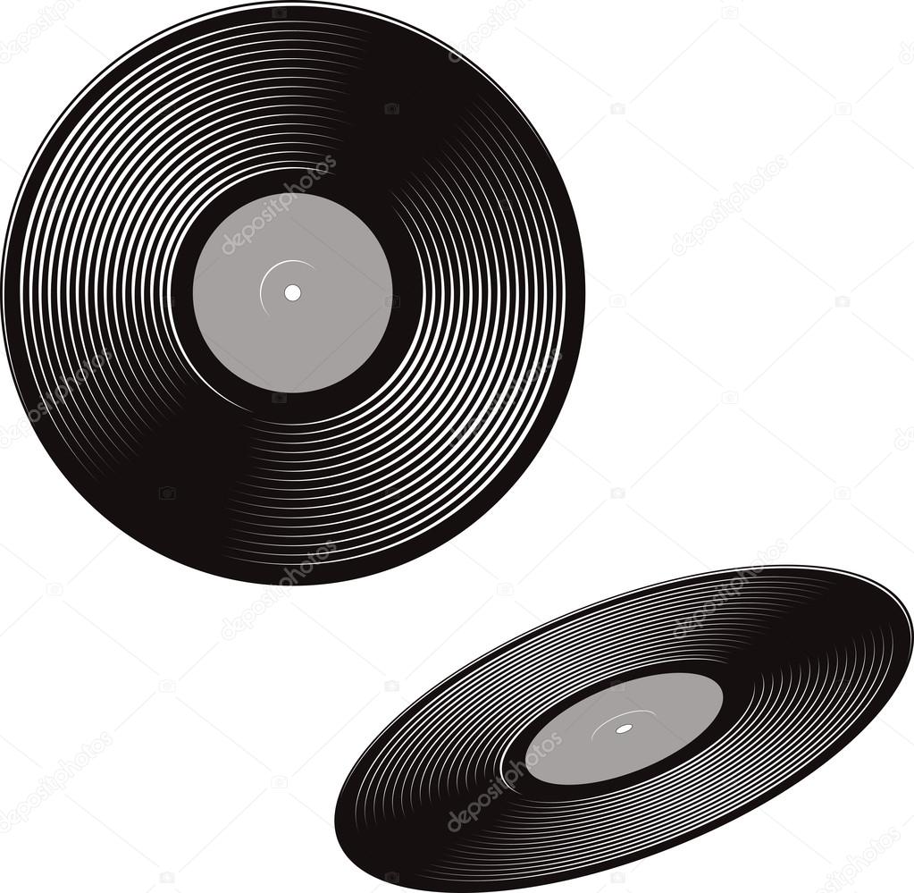 Black and white vector illustration of a vinyl discs. Front view and a perspective view