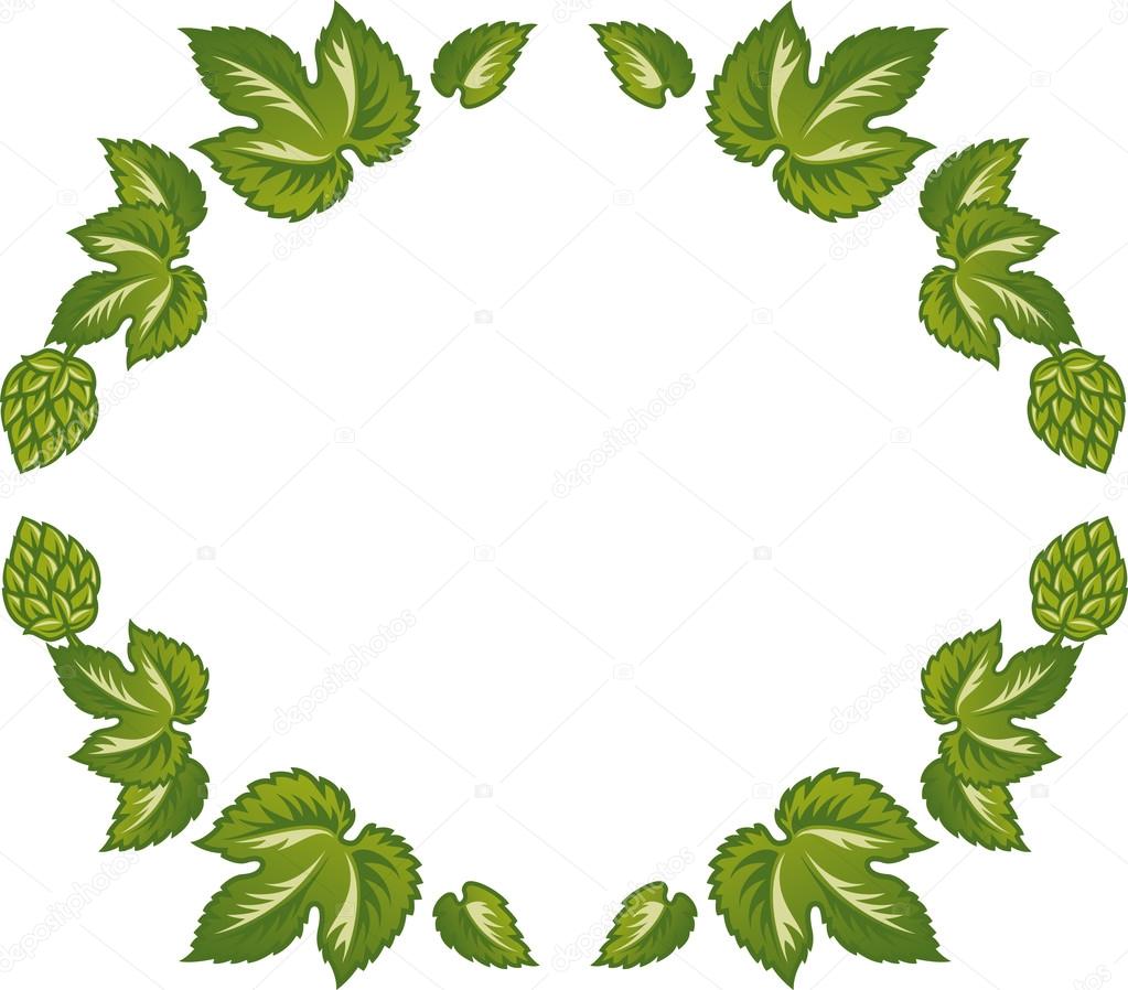 Decorative frame of green leaves and hop cones.