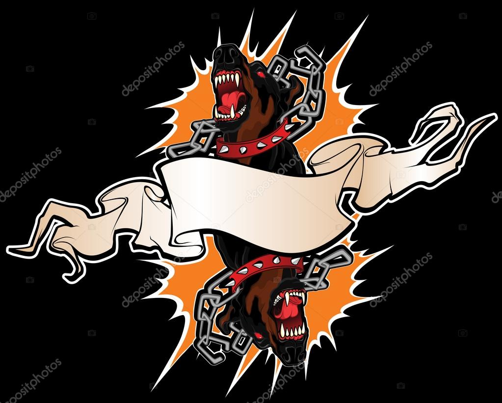 Tattoo illustration faces of two savage angry dogs braking their chains and banner for inscription.