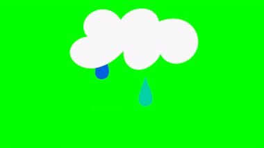 Yağmur damlayan yağmur damlaları ve yeşil ekran takılı şimşekler, kroma anahtarı, yeşil ekran, hareket grafikleri, hava durumu ikonu olan basit bir çizgi film simgesi. stok video animasyonu Yüksek kalite 4k görüntü