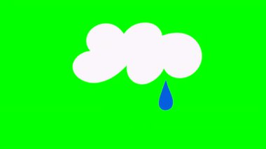 Yağmur damlayan yağmur damlaları ve yeşil ekran takılı şimşekler, kroma anahtarı, yeşil ekran, hareket grafikleri, hava durumu ikonu olan basit bir çizgi film simgesi. stok video animasyonu Yüksek kalite 4k görüntü