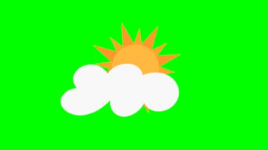 Yeşil zemin üzerinde bulutlar, krom anahtar, yeşil ekran, hareket grafikleri, parçalı bulutlu hava ikonu olan dönen güneşin basit çizgi film ikonu. Video animasyonu. Yüksek kalite 4k görüntü
