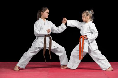 Two girls in kimono are training paired exercises karate clipart