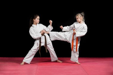 Kimono'de iki kız eşleştirilmiş egzersizleri karate eğitimi vardır