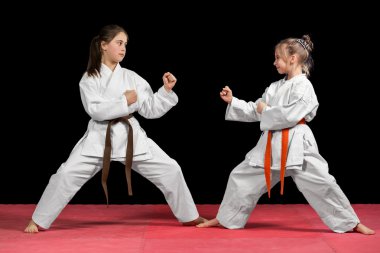 Kimono'de iki kız eşleştirilmiş egzersizleri karate eğitimi vardır