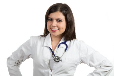 Portrait of young friendly beautiful female doctor smiling isola