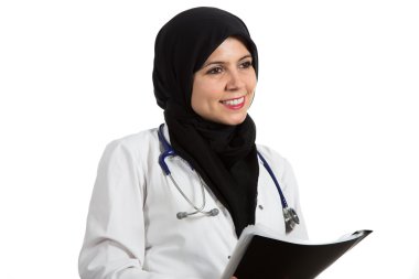 Portrait of young beautiful muslim female doctor holding folder