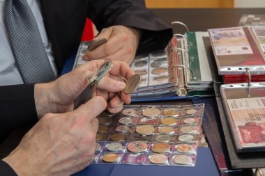 İki Bronz sikke koleksiyonu inceliyor