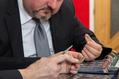 İki Bronz sikke koleksiyonu inceliyor