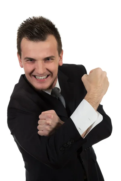 Porträt eines jungen Geschäftsmannes im Anzug, der auf dich zeigt — Stockfoto
