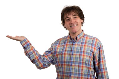 bir şey beyaz arka plan üzerinde tutan adam