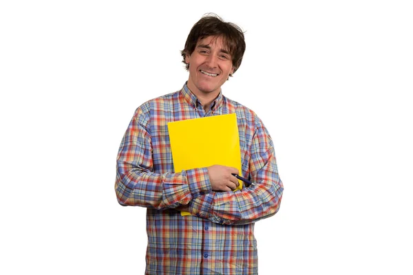 Muž drží s deskami a držet s perem — Stock fotografie