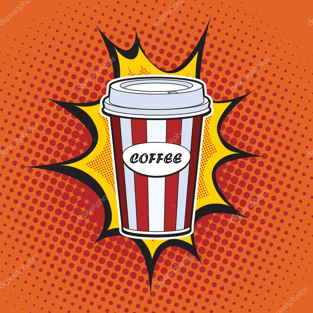 Coffee paper cup straw fast food pop art retro style. Restaurants and entertainment. Sweet refreshing in the heat of the drink. Childhood and joy. Advertising poster retro background