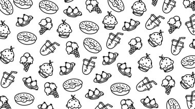 Donut ve içeceklerle el çizimi yemek kalıbı