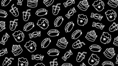 Elle çizilmiş yiyecek desenleri, içecekler, şekerler ve tatlılar.